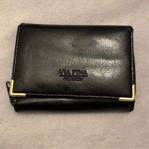 Via Fina Black Leather Tri-Fold Wallet Gold‎ Corners ID Window MCMXCV